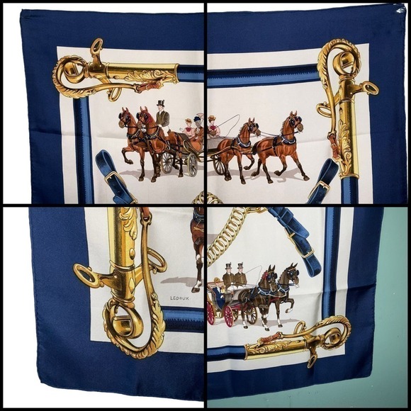 Hermès HERMES  "EQUIPAGES" Carre 90cm Square Silk Scarf Navy - Picture 3 of 16